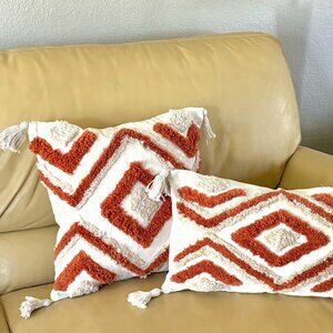 2 Sizes Burnt Orange Beige Boho Tufted Geometric Tassels Throw Pillow Cover New